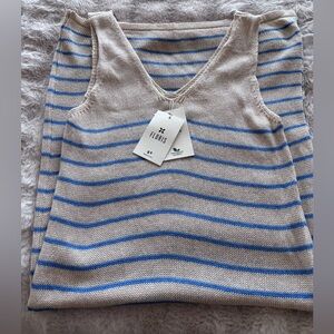 Floris Cotton Dress or Cover up cream with light blue stripe v neck side slit